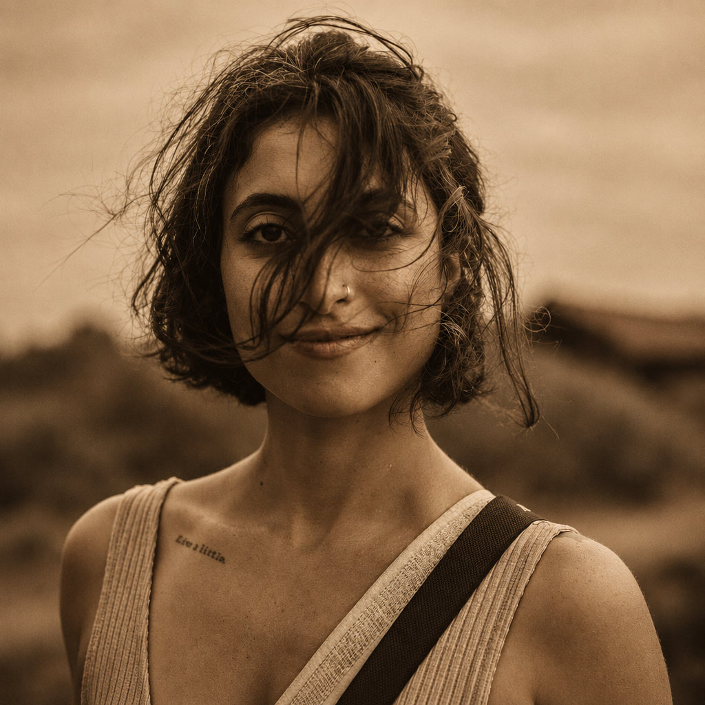 A woman outdoors with wind blowing her hair across her face, wearing a bright coral-red tank top and a gray-and-black shoulder strap. The background shows blurred green hills and a small building under an overcast sky.