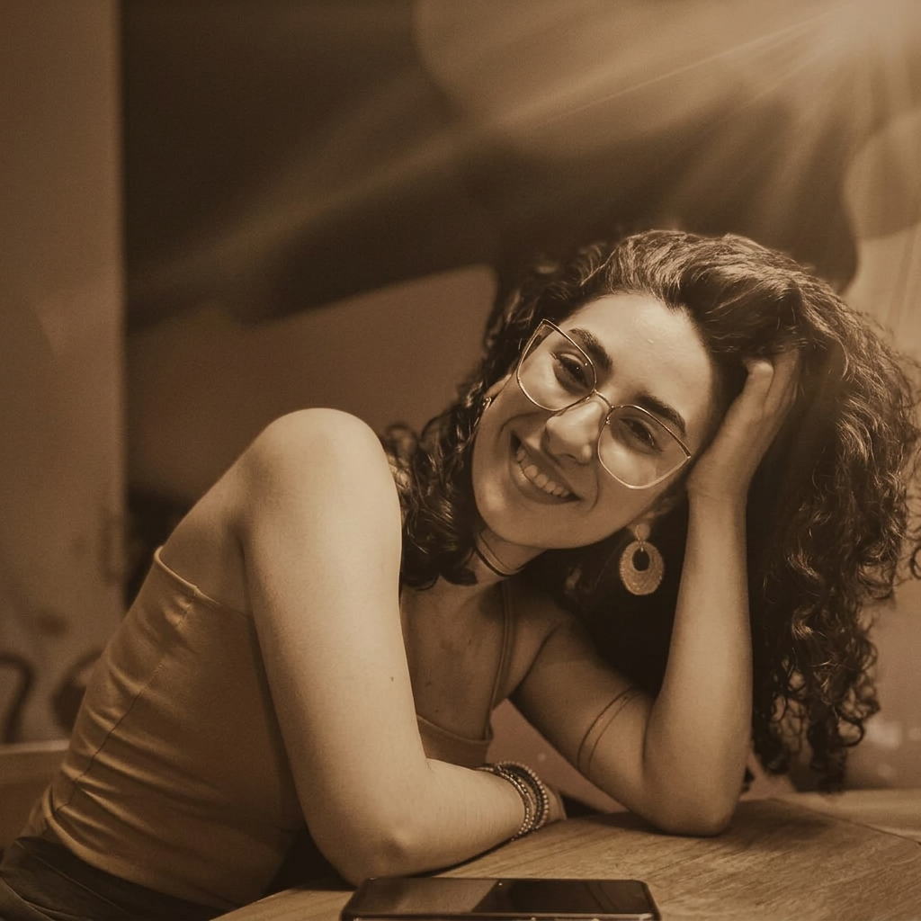 Portrait of artist Nour Arkilo with glasses smiling at a table with abstract art in the background