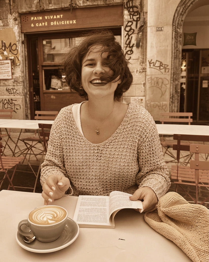 Noemie Naoumi, a female artist with short dark hair sits at an outdoor cafe table holding an open book, with a teal latte in the foreground and a stone building facade behind her.