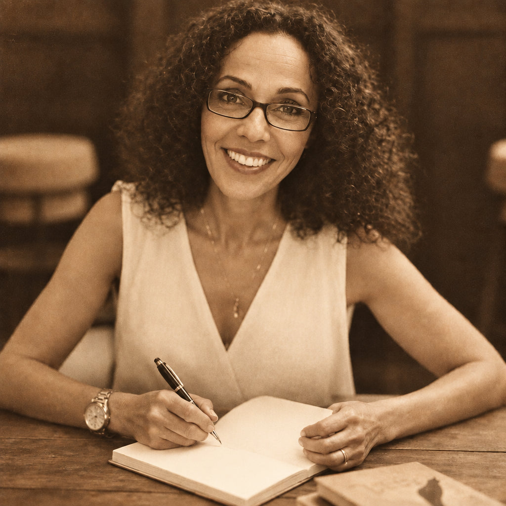 A smiling woman with curly hair and glasses, wearing a white sleeveless top, is seated at a wooden table signing an open book with a pen.