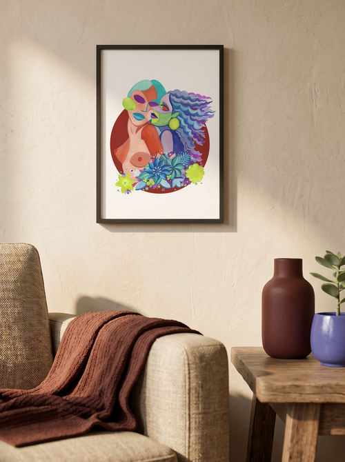 A framed colorful art print featuring a stylized face with vibrant blue, green, and red details, hanging on a textured beige wall above a beige armchair with a brown throw blanket, next to a wooden side table with two vases and a small plant.