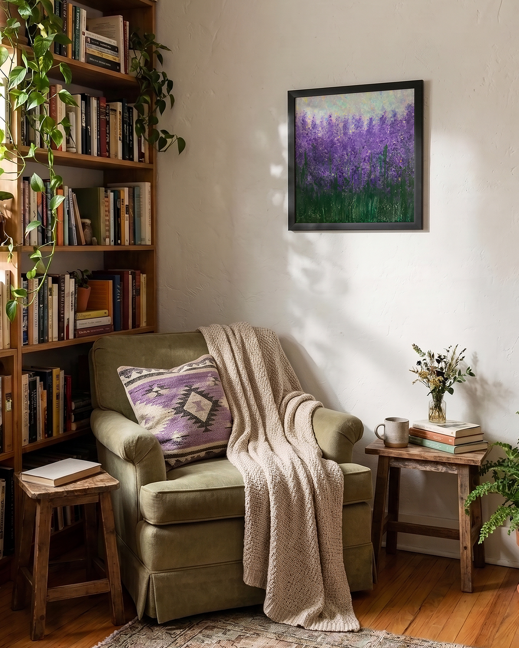 A cozy home library corner featuring a tall wooden bookshelf filled with books and trailing green plants, next to an olive green armchair with a beige throw blanket and a purple patterned pillow. A framed purple floral painting hangs on the white wall above, with a small wooden side table holding books and a cup nearby.